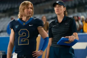 Glen Powell and Perry Mattfeld in Chad Powers