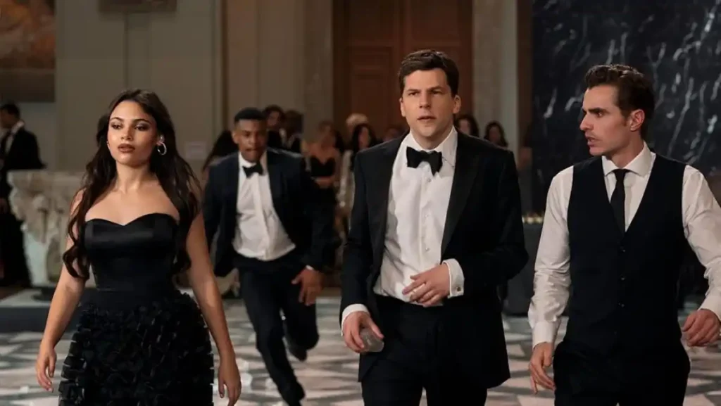 Ariana Greenblatt, Jesse Eisenberg and Dave Franco in Now You See Me: Now You Don't