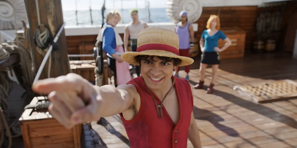 (L to R) Taz Skylar as Sanji, Mackenyu as Roronoa Zoro, In?aki Godoy as Monkey D. Luffy, Jacob Romero as Usopp, Emily Rudd as Nami in season 2 of One Piece.